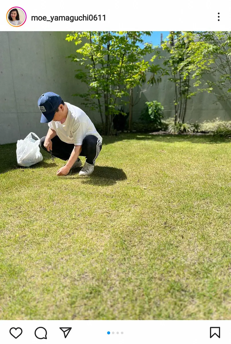 【画像・写真】山口もえ　美しい庭で夫の爆問・田中と庭の雑草取り報告に「素敵なご夫婦」「息子さんかと」の声